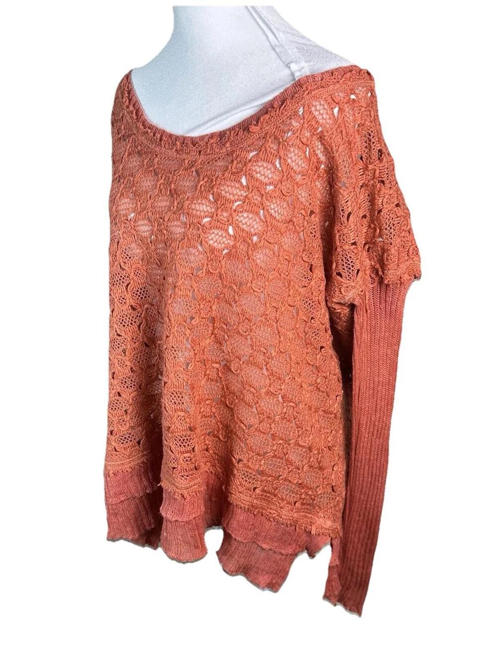 Free People Boho Crochet Knit Grunge indie sleaze Coral orange Oversized  Sz M